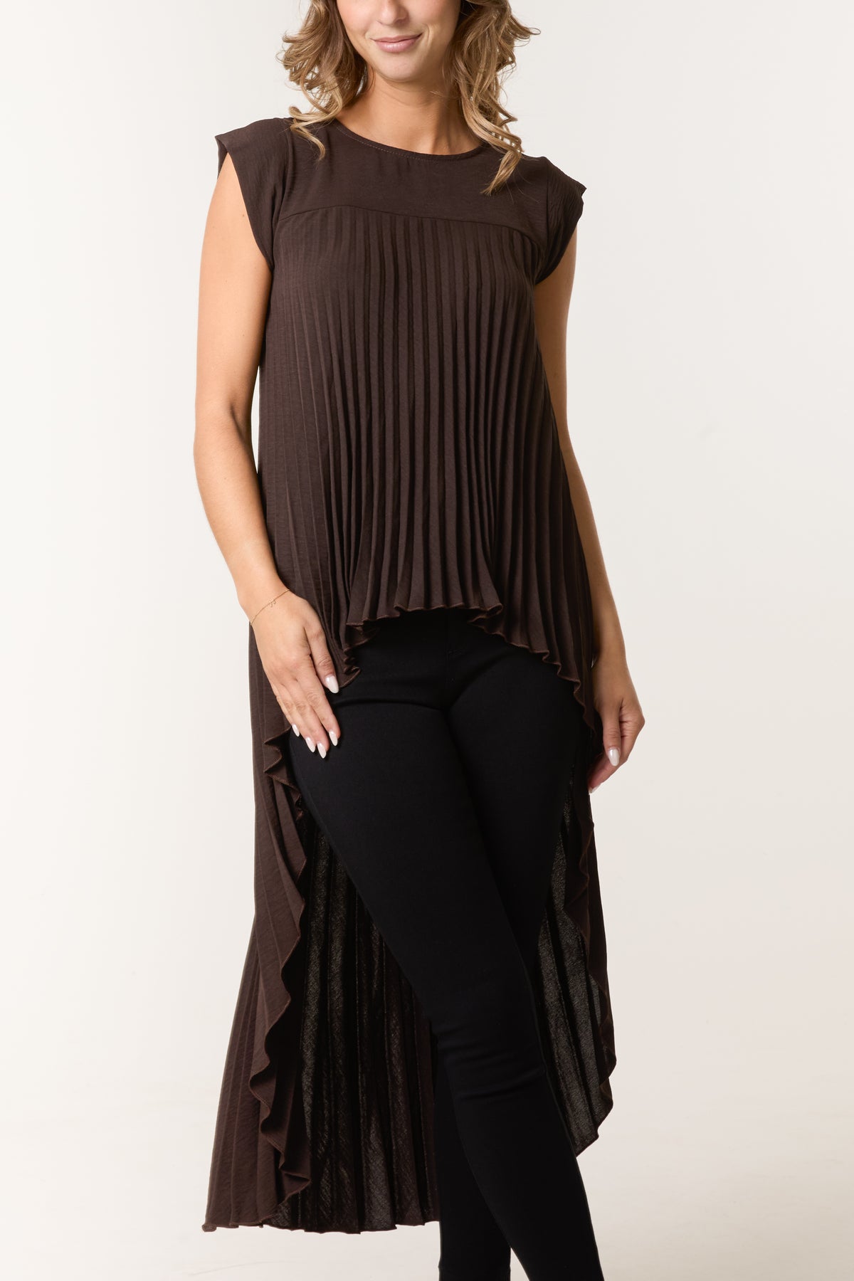 Pleated Cap Sleeve High Low Top