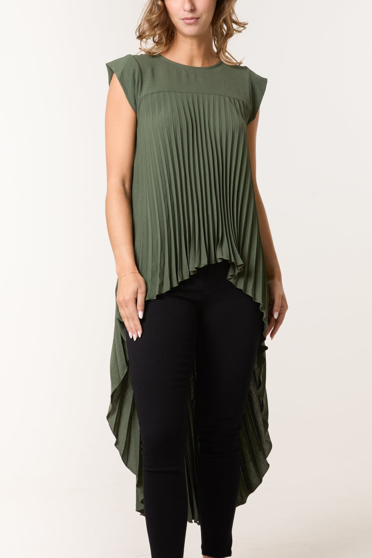 Pleated Cap Sleeve High Low Top