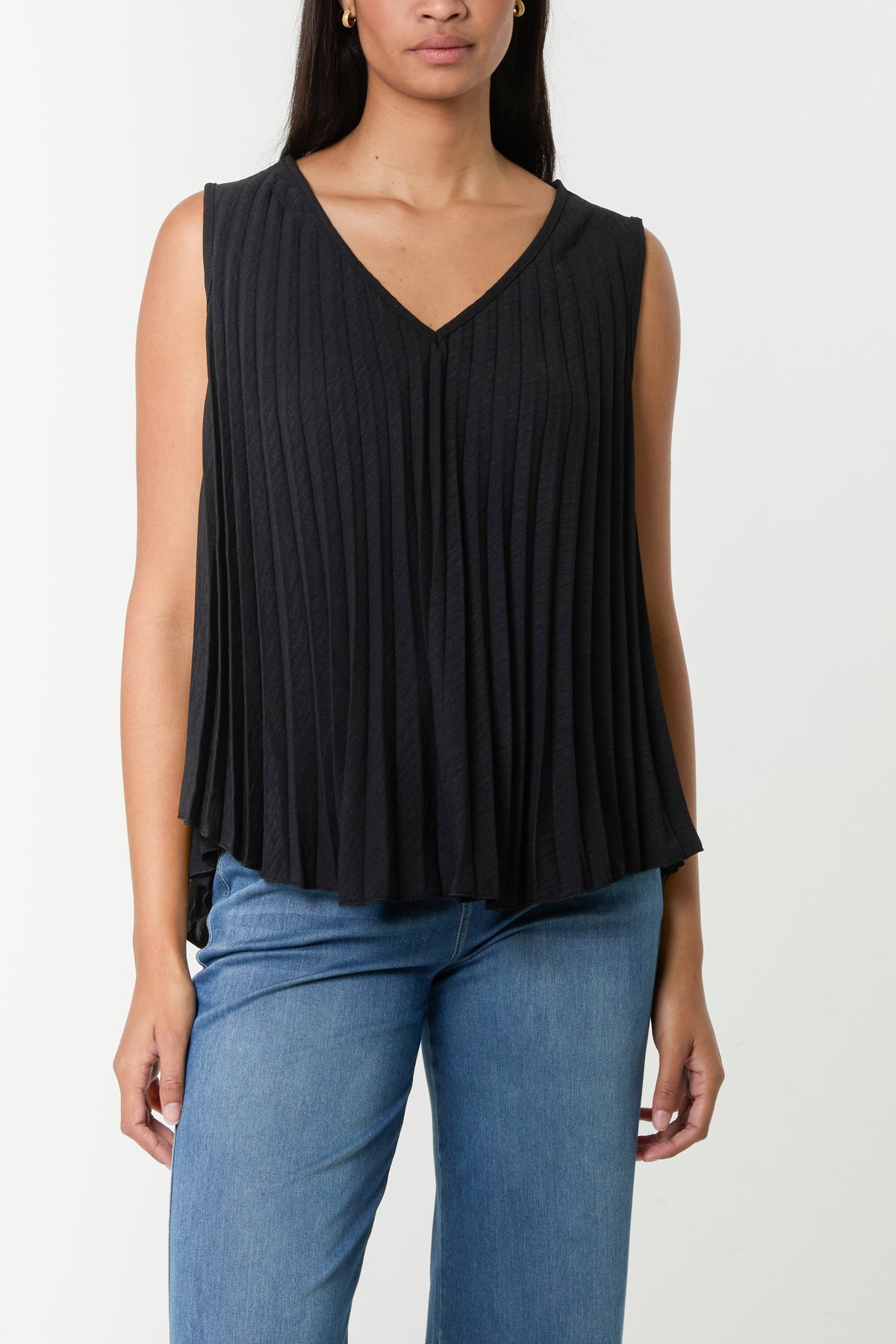 Pleated V-Neck Sleeveless Blouse