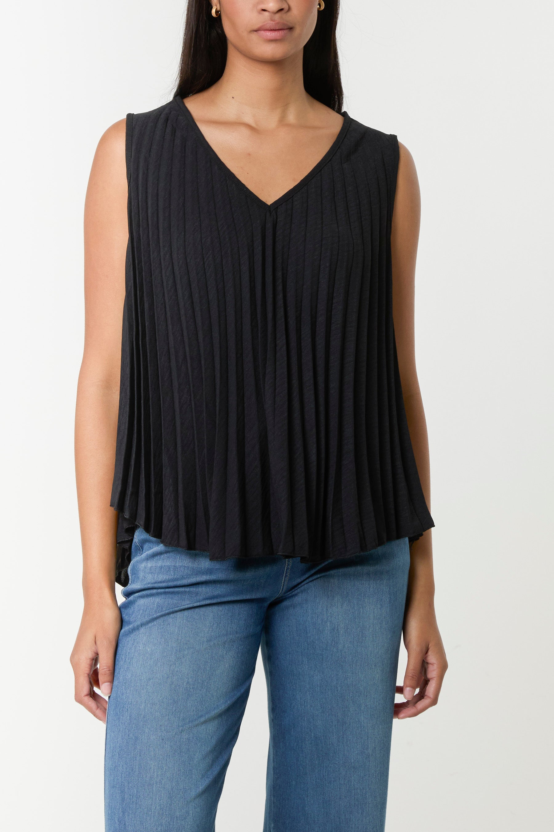 Pleated V-Neck Sleeveless Blouse