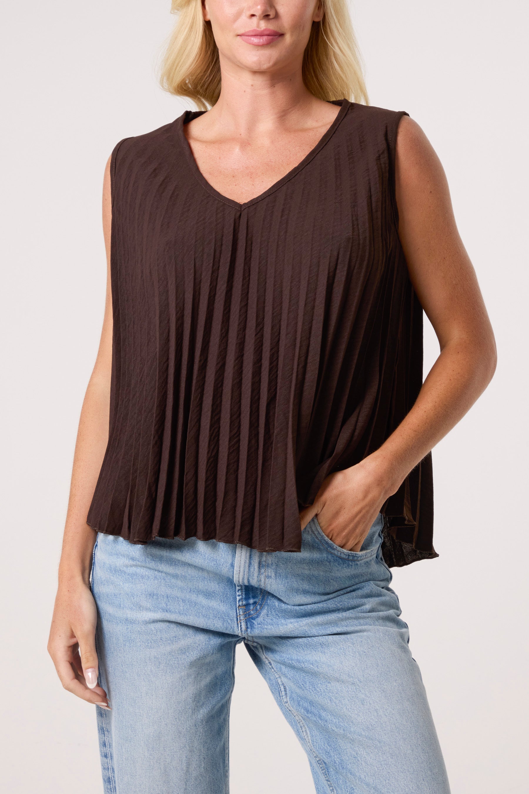 Pleated V-Neck Sleeveless Blouse