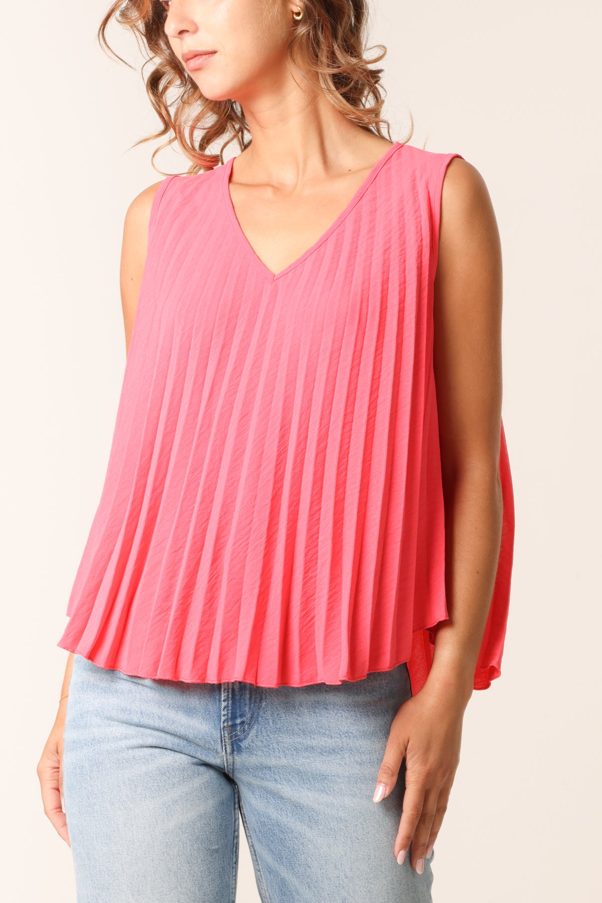 Pleated V-Neck Sleeveless Blouse