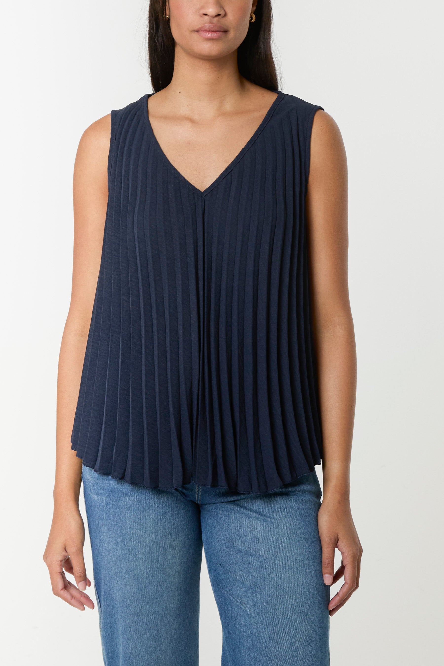 Pleated V-Neck Sleeveless Blouse
