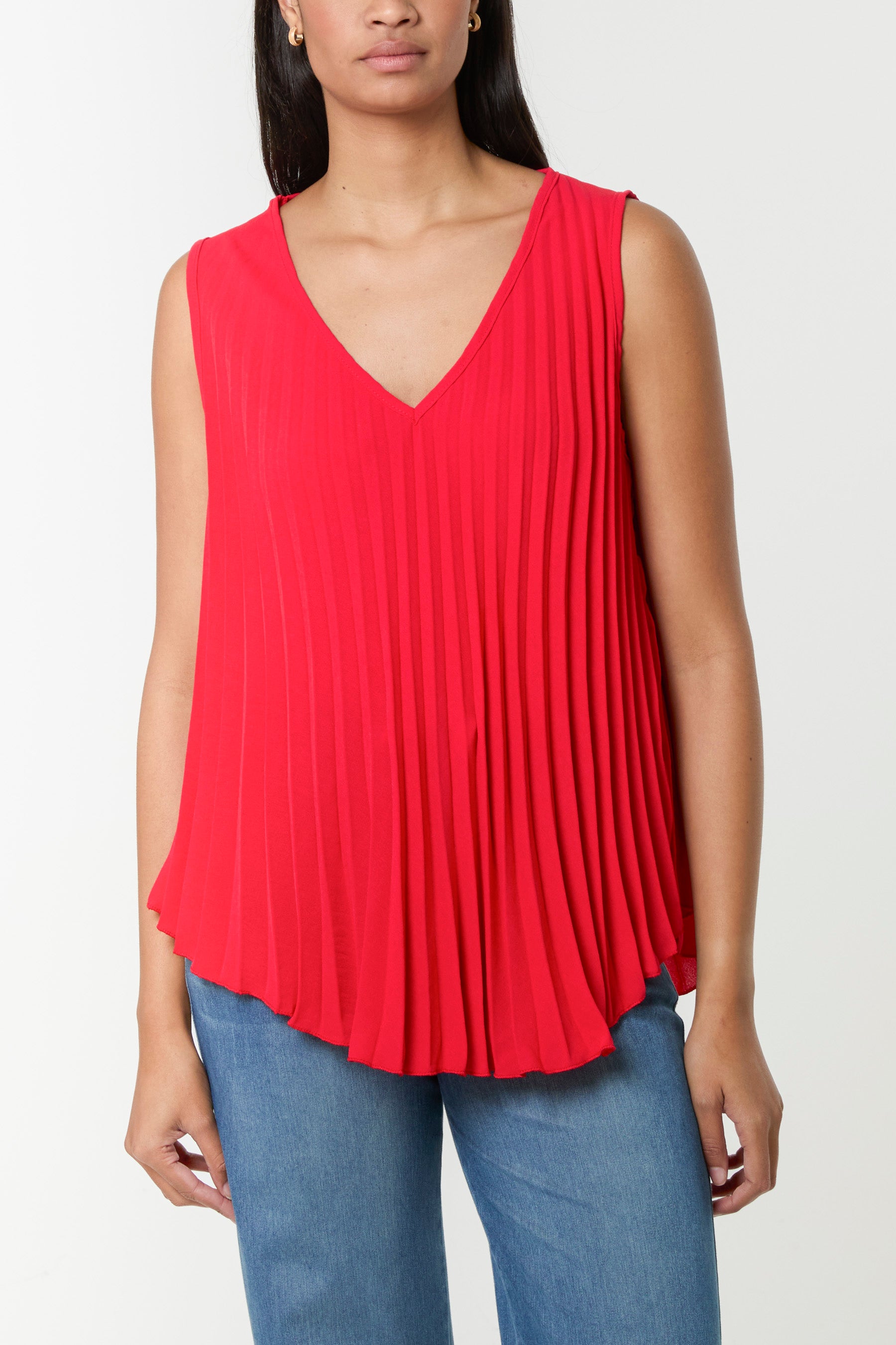 Pleated V-Neck Sleeveless Blouse