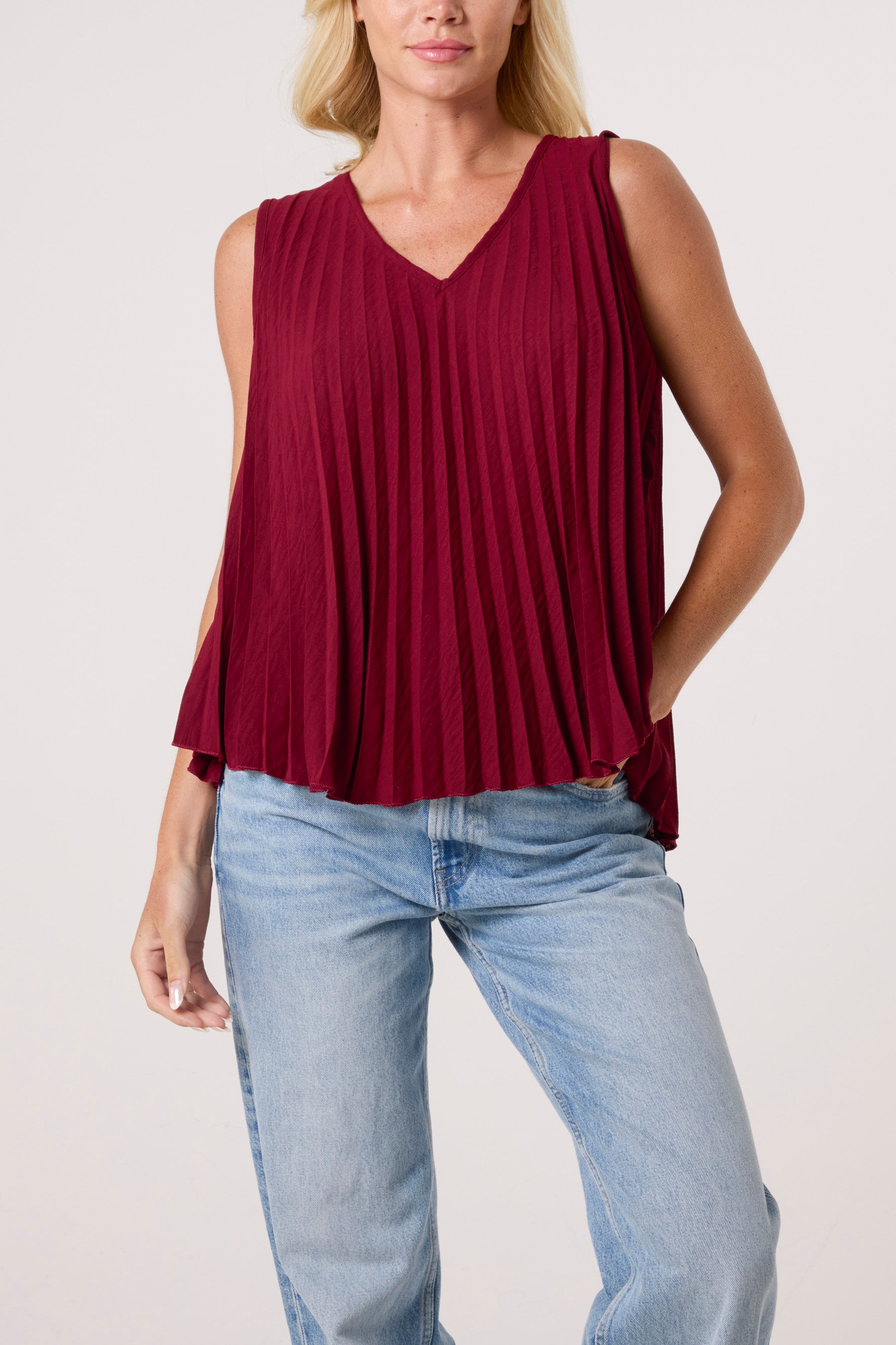 Pleated V-Neck Sleeveless Blouse