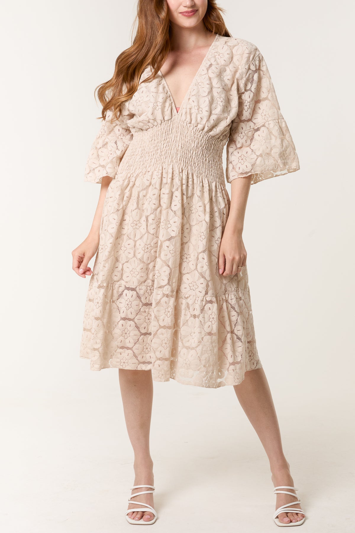 Floral Lace Shirred Bodice Mini Dress