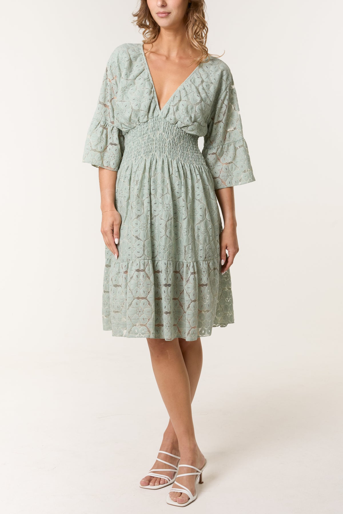 Floral Lace Shirred Bodice Mini Dress