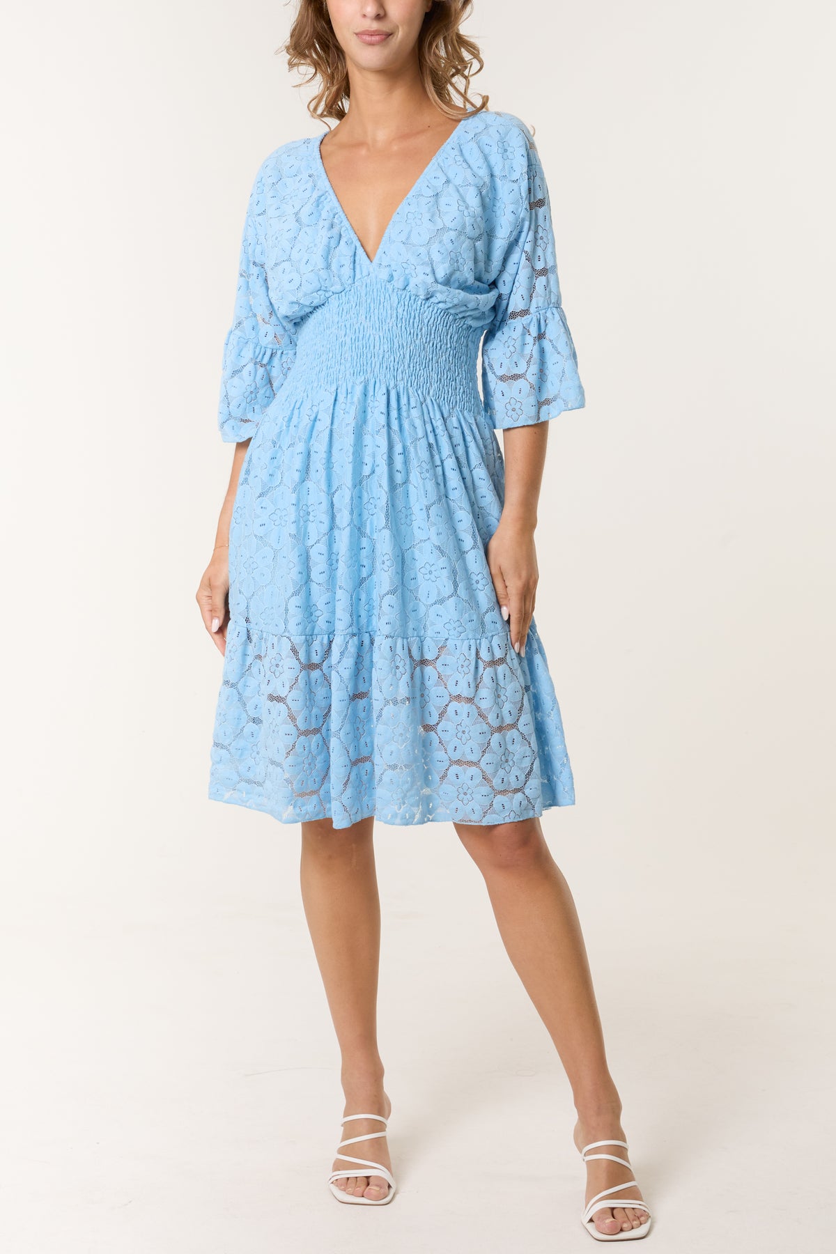 Floral Lace Shirred Bodice Mini Dress