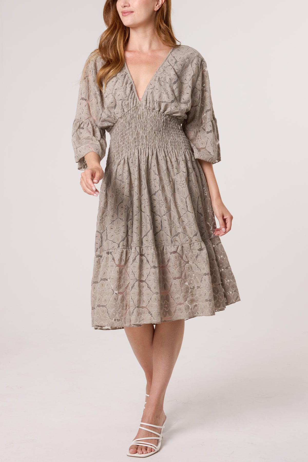 Floral Lace Shirred Bodice Mini Dress