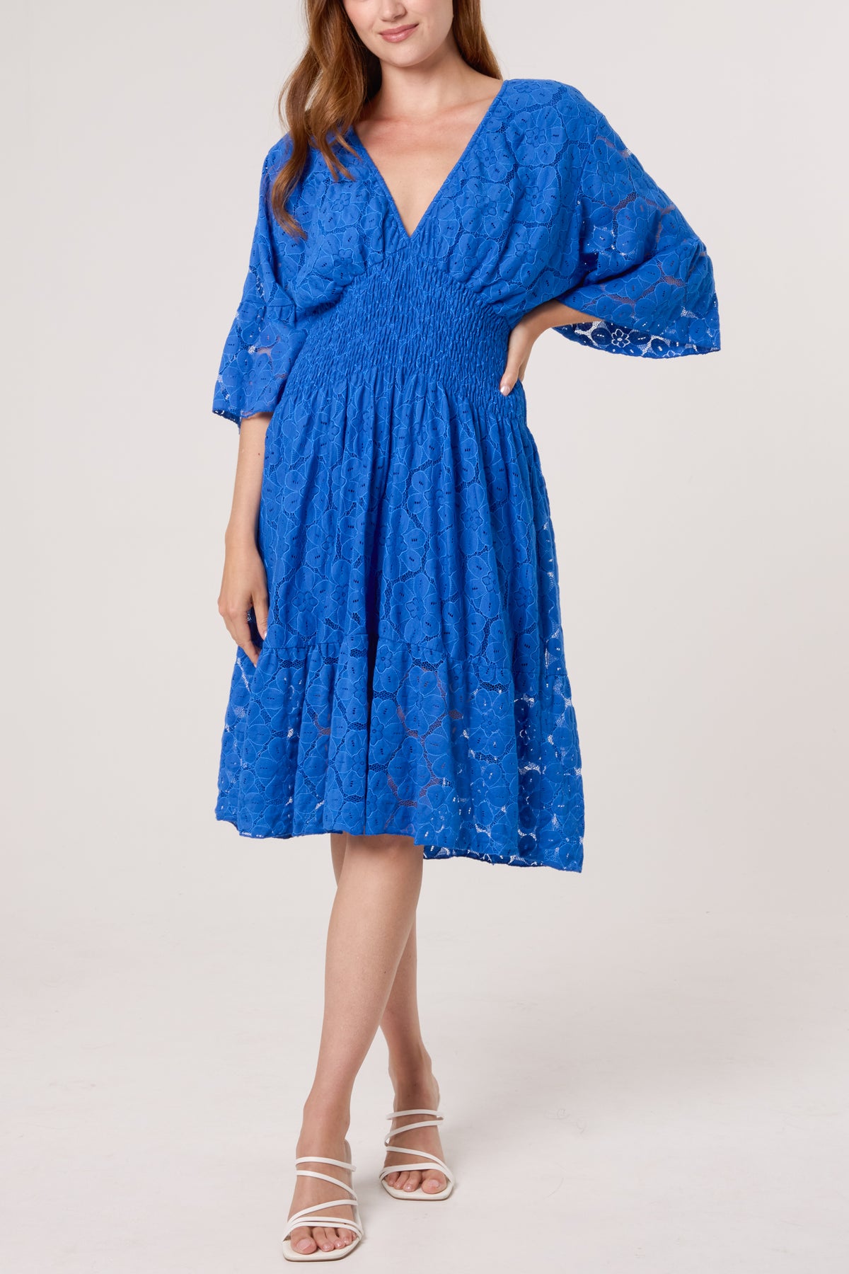 Floral Lace Shirred Bodice Mini Dress