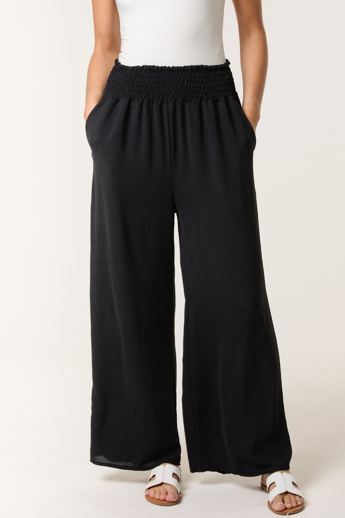 Elasticated Waist Pockets Wide Leg Trousers