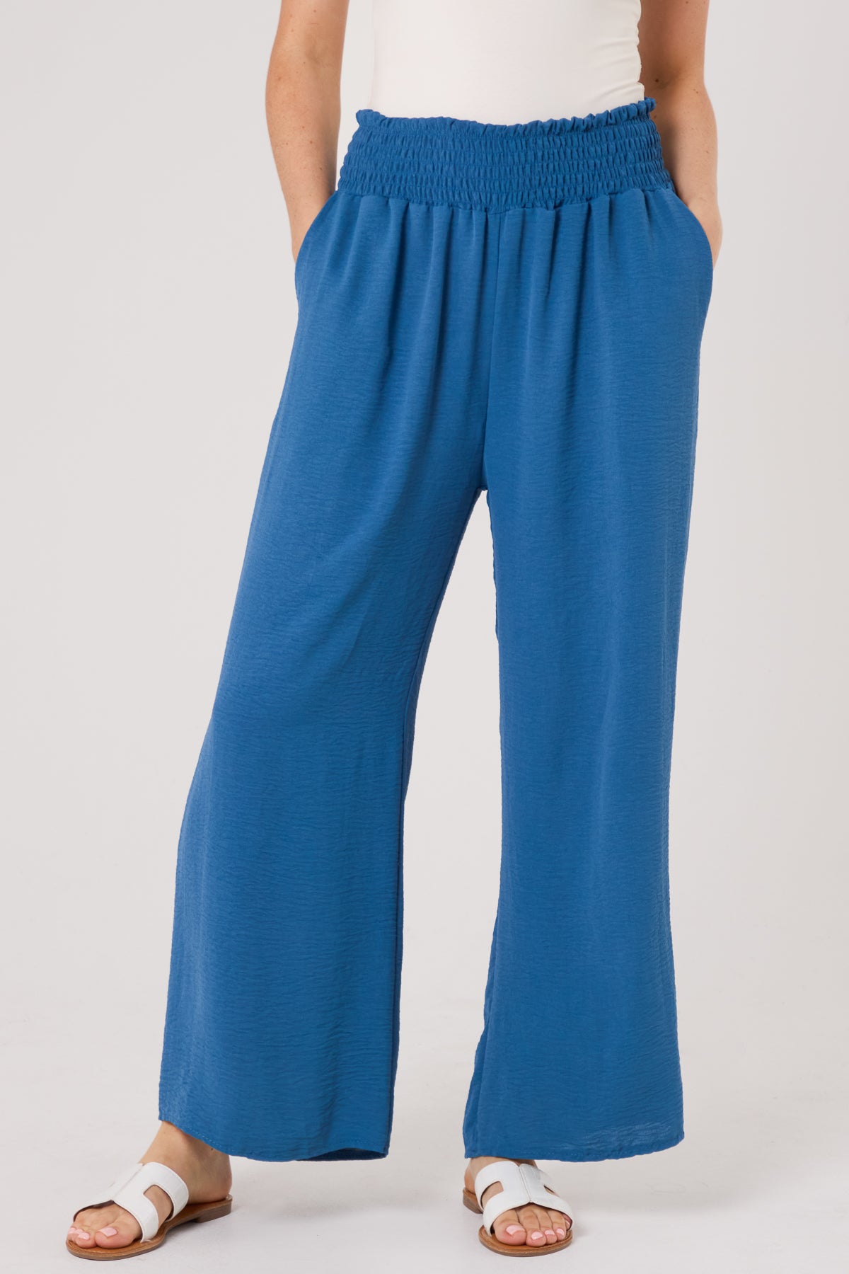 Elasticated Waist Pockets Wide Leg Trousers