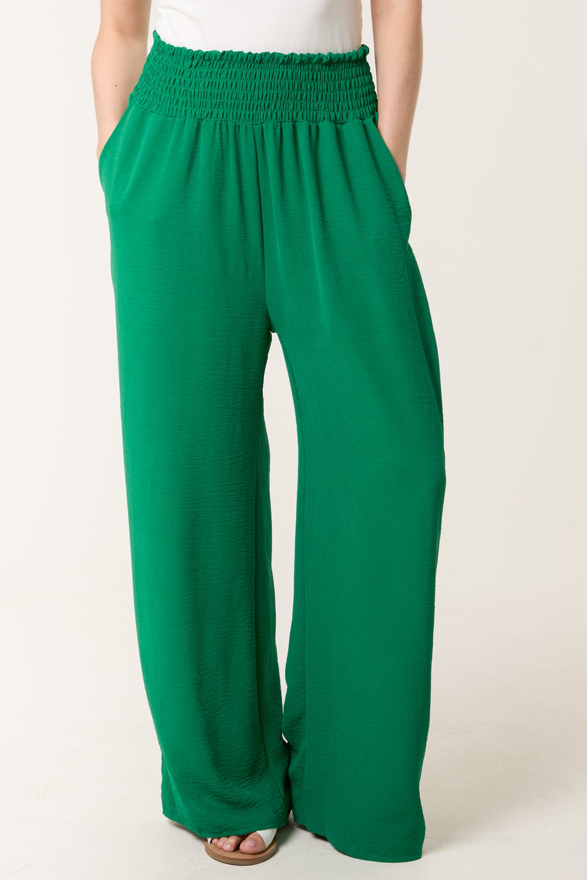 Elasticated Waist Pockets Wide Leg Trousers