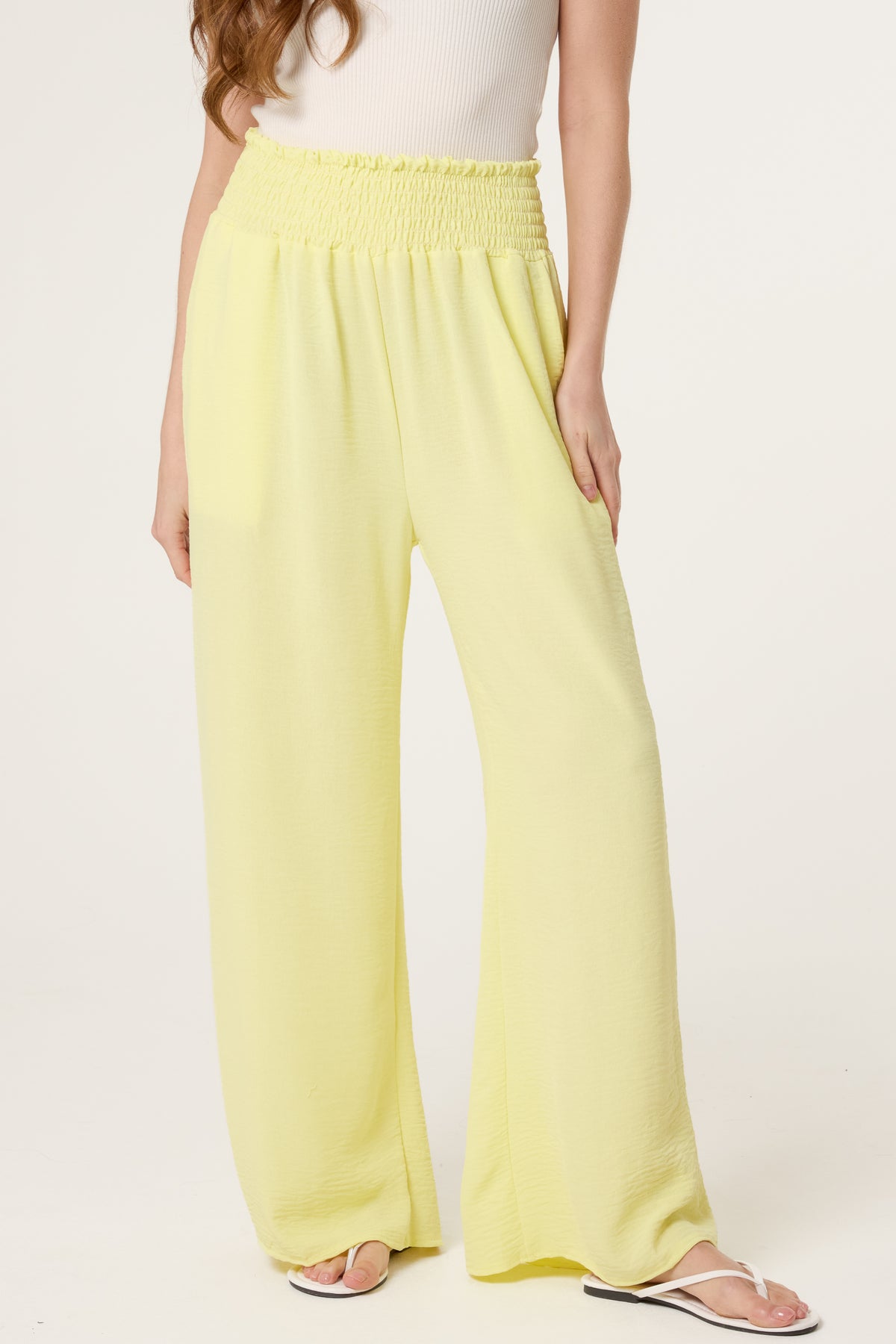 Elasticated Waist Pockets Wide Leg Trousers