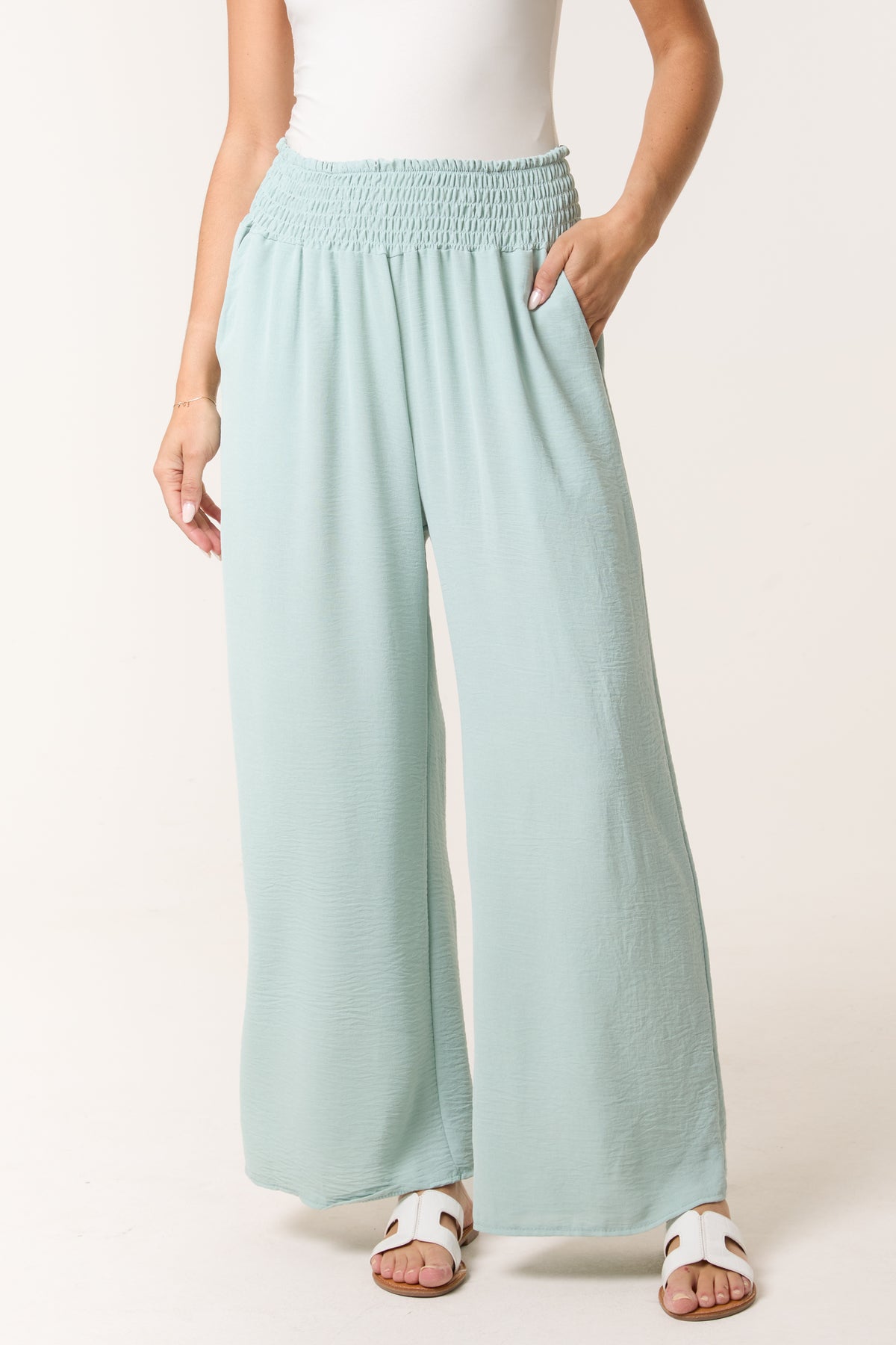 Elasticated Waist Pockets Wide Leg Trous
