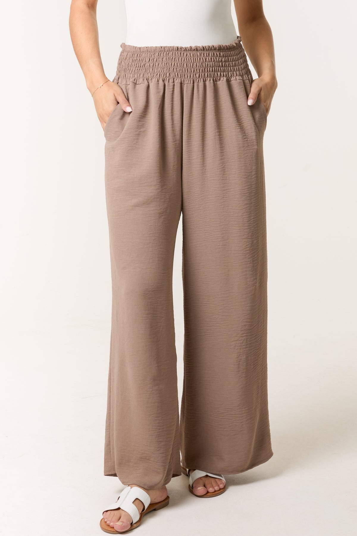 Elasticated Waist Pockets Wide Leg Trousers