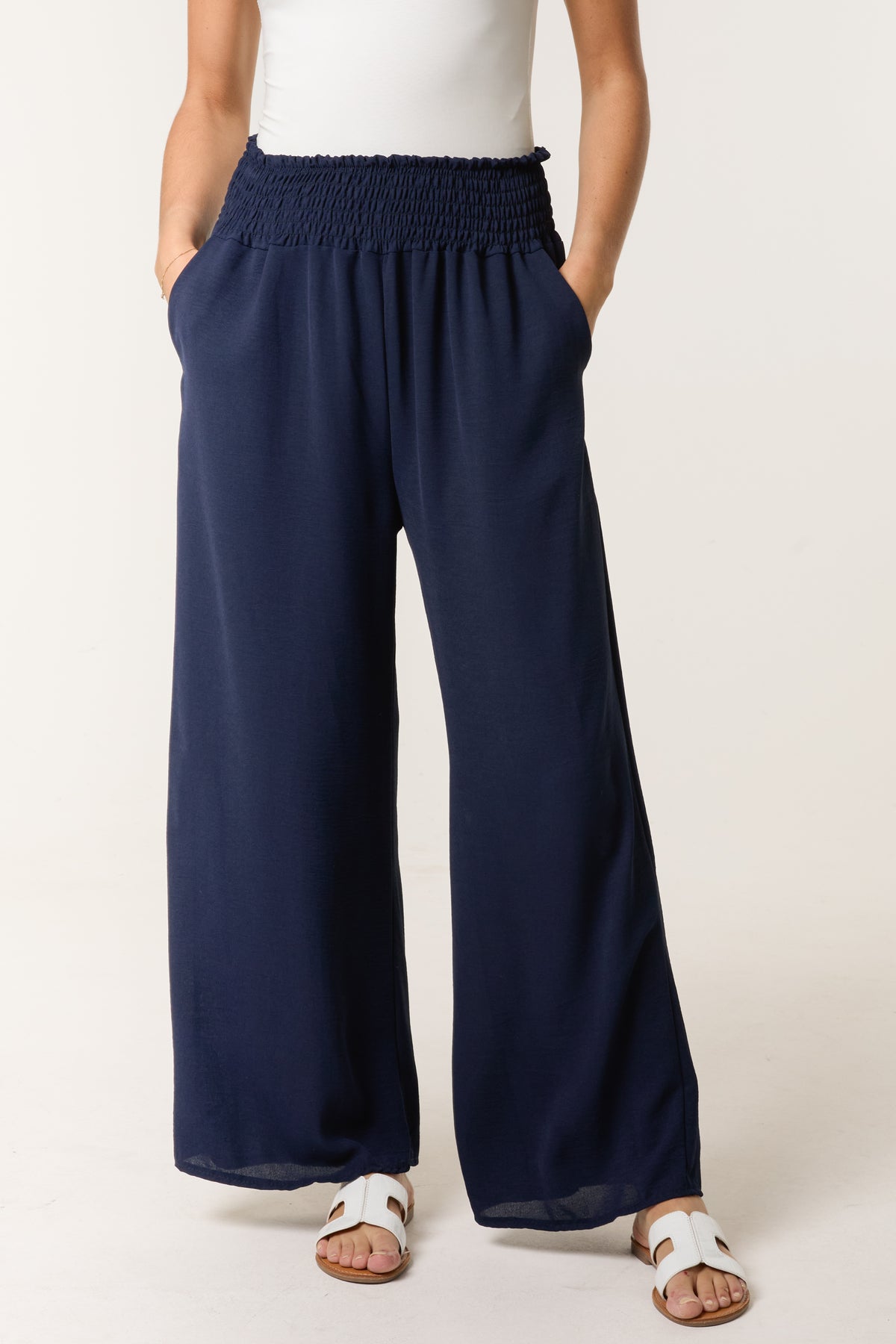 Elasticated Waist Pockets Wide Leg Trous