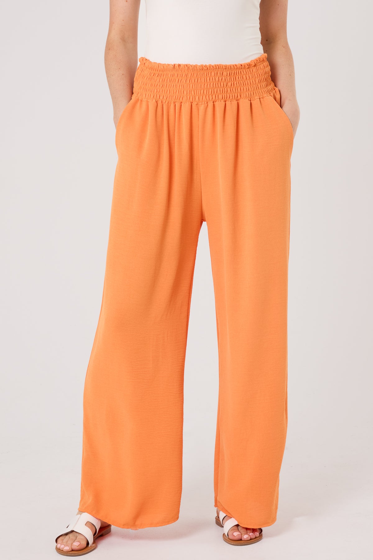 Elasticated Waist Pockets Wide Leg Trousers