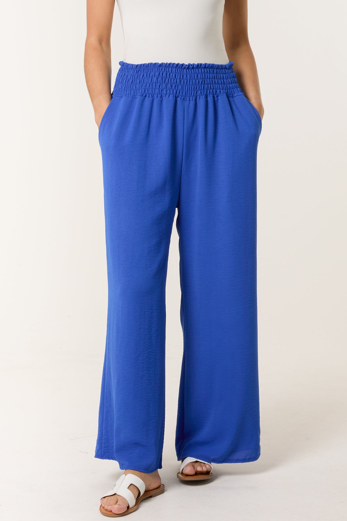 Elasticated Waist Pockets Wide Leg Trousers