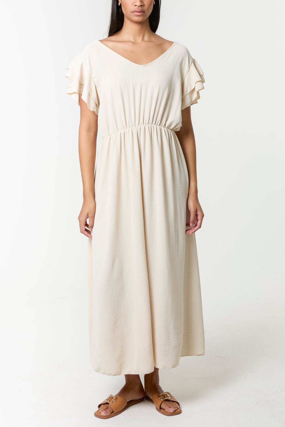 Flutter Sleeve Button Midi Dress