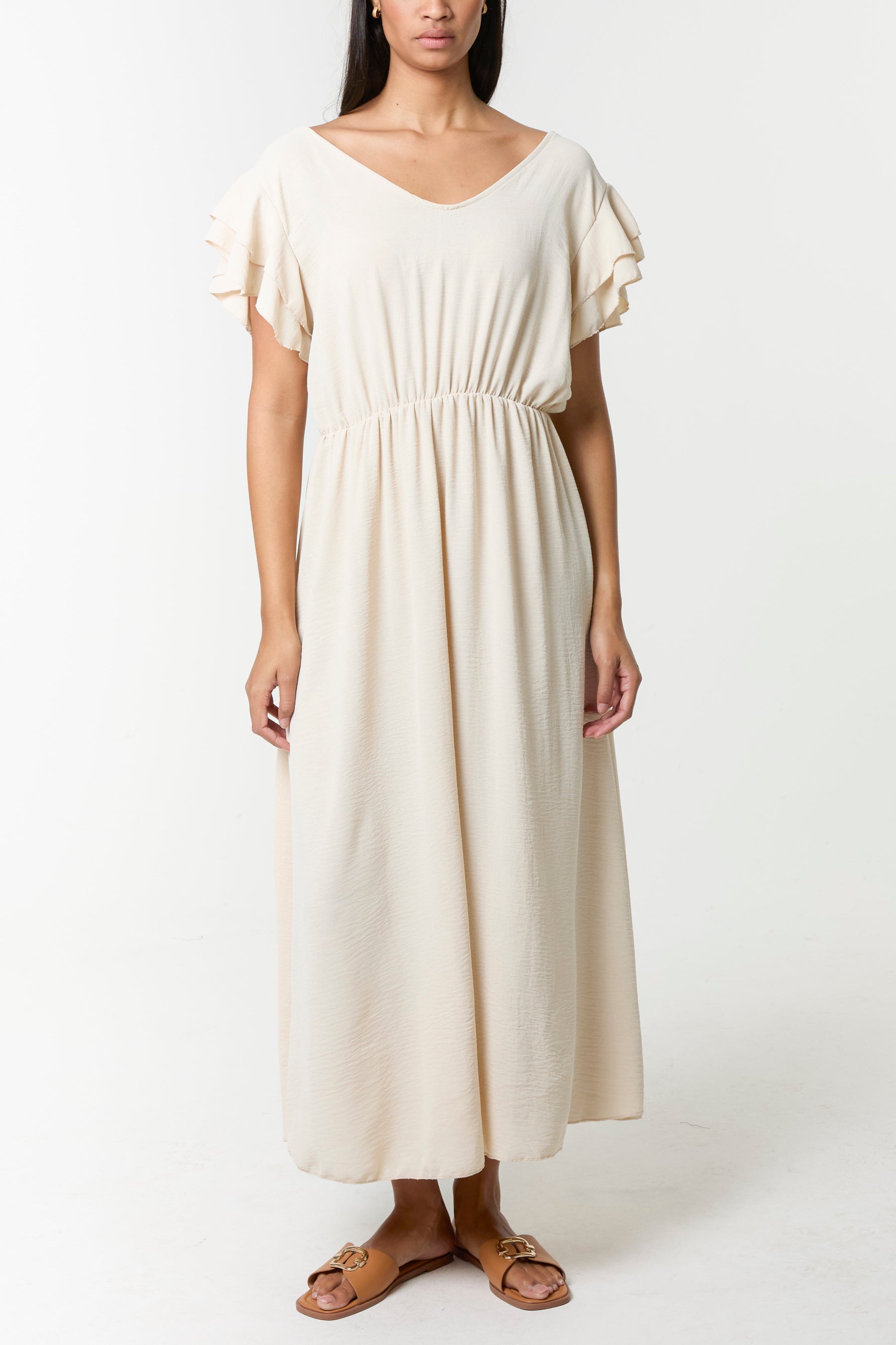 Flutter Sleeve Button Midi Dress