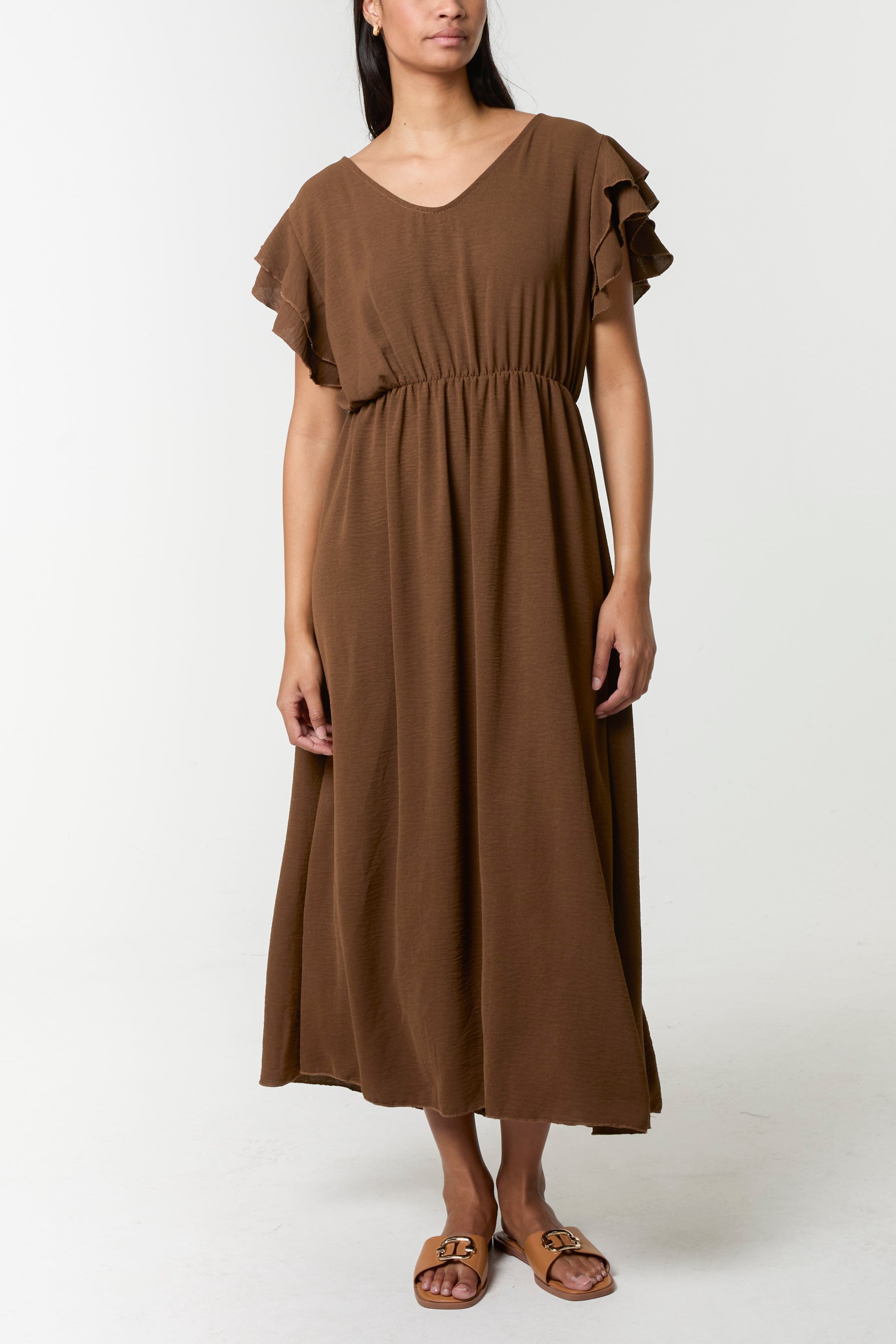 Flutter Sleeve Button Midi Dress