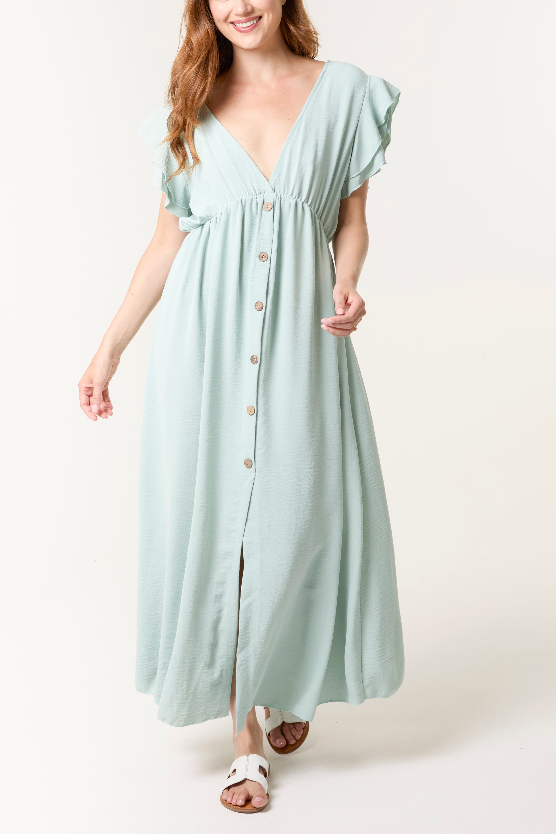 Flutter Sleeve Button Midi Dress