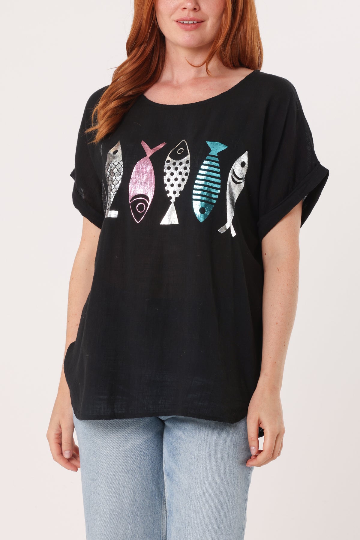 Fish Iridescent Print Cotton Top