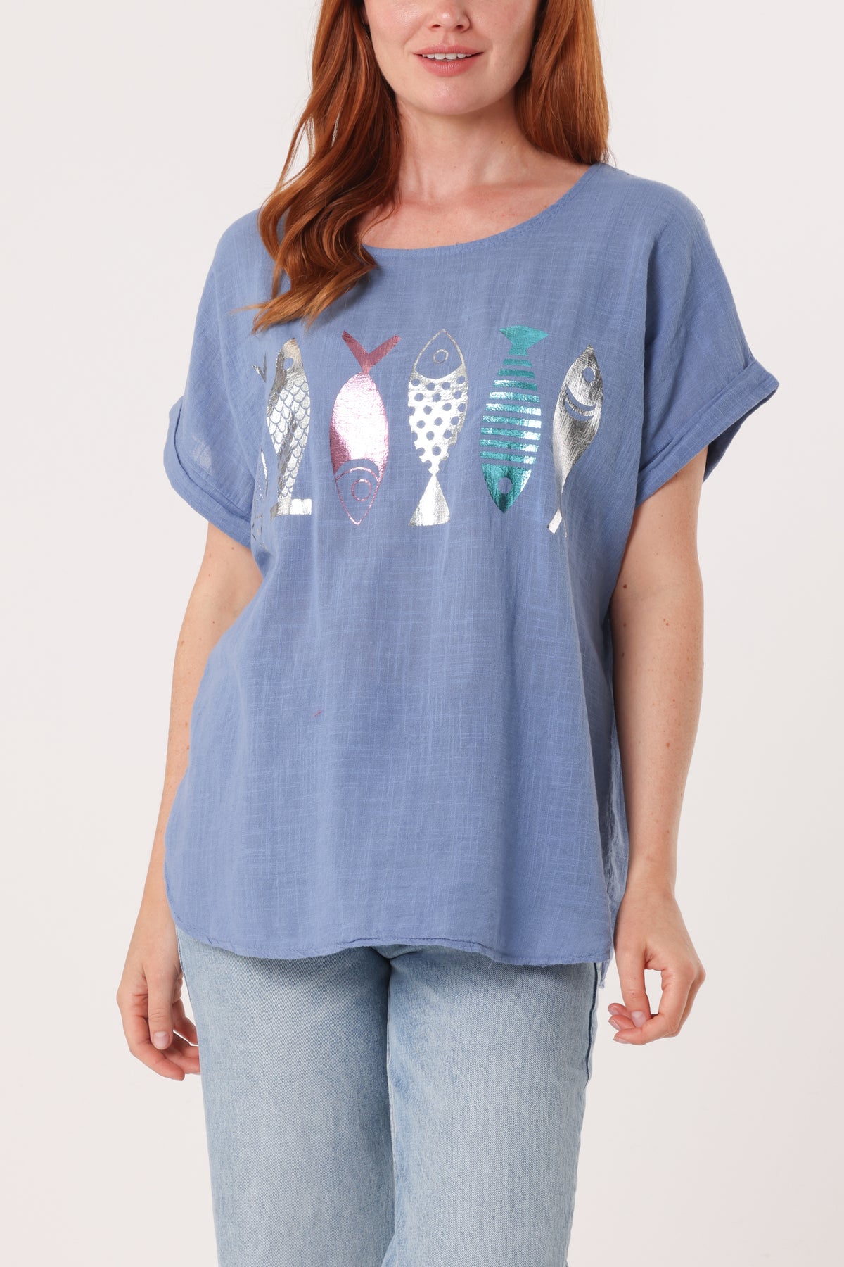 Fish Iridescent Print Cotton Top