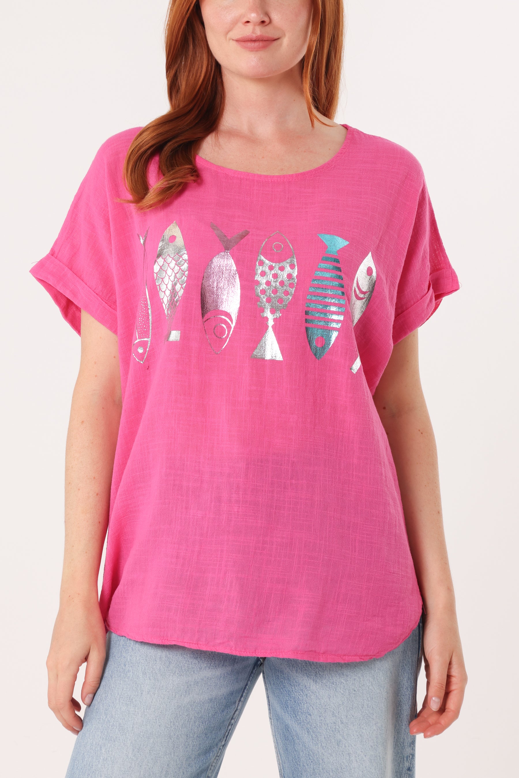 Fish Iridescent Print Cotton Top