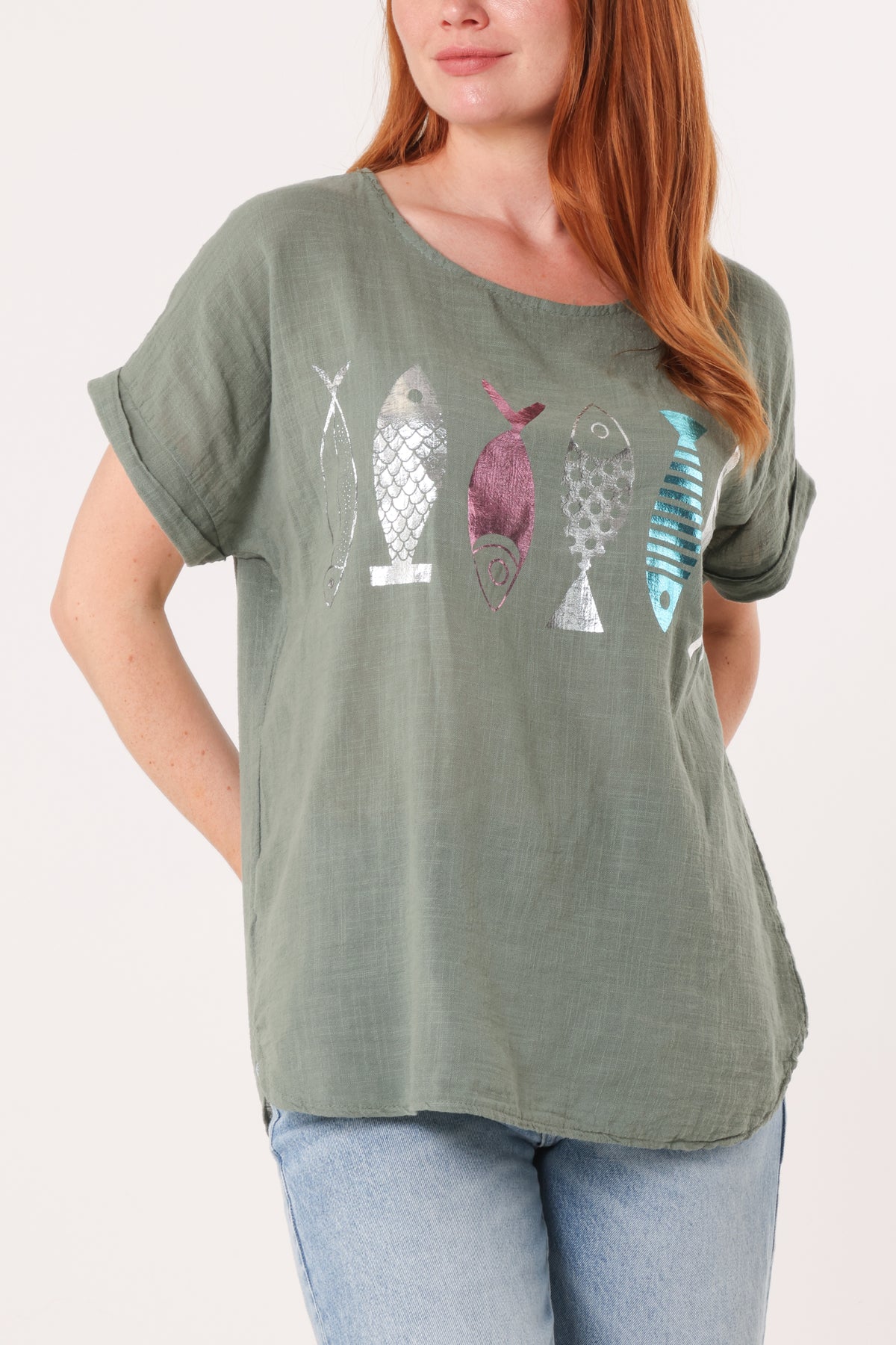 Fish Iridescent Print Cotton Top