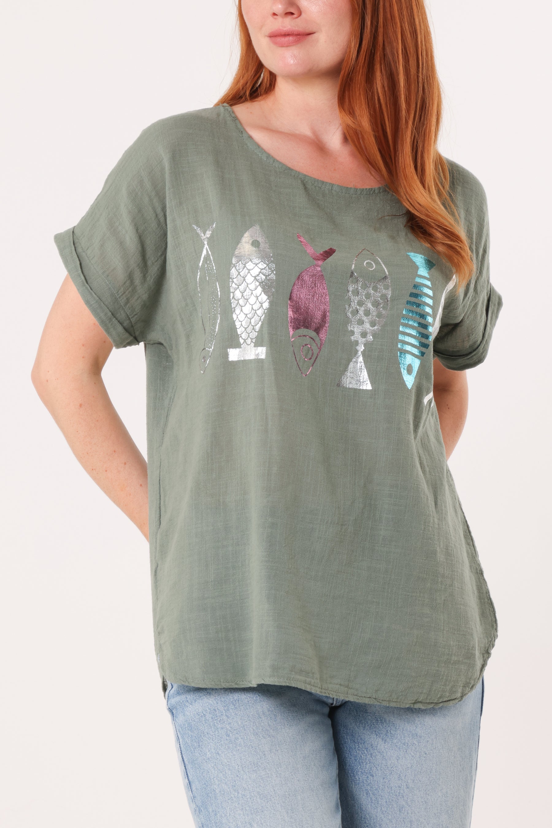 Fish Iridescent Print Cotton Top