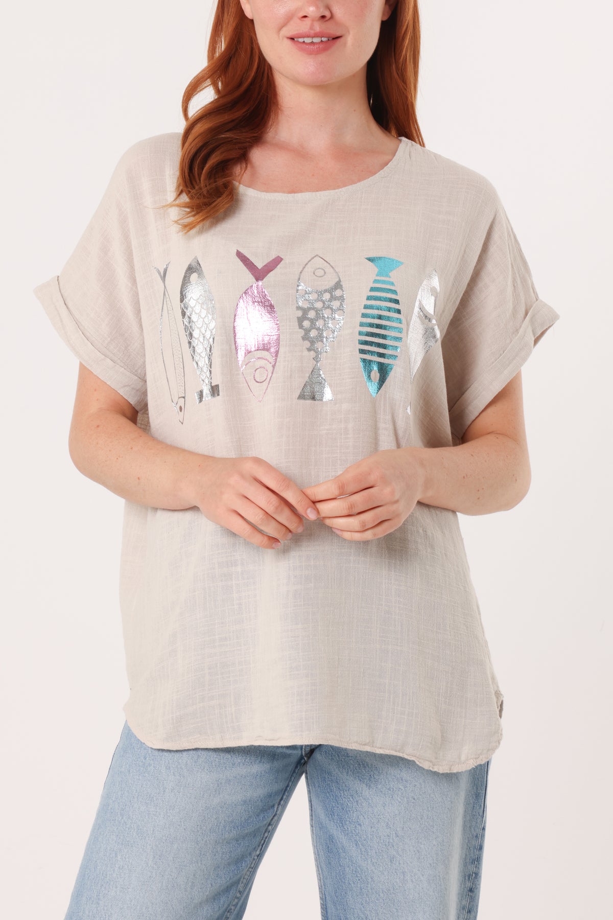 Fish Iridescent Print Cotton Top