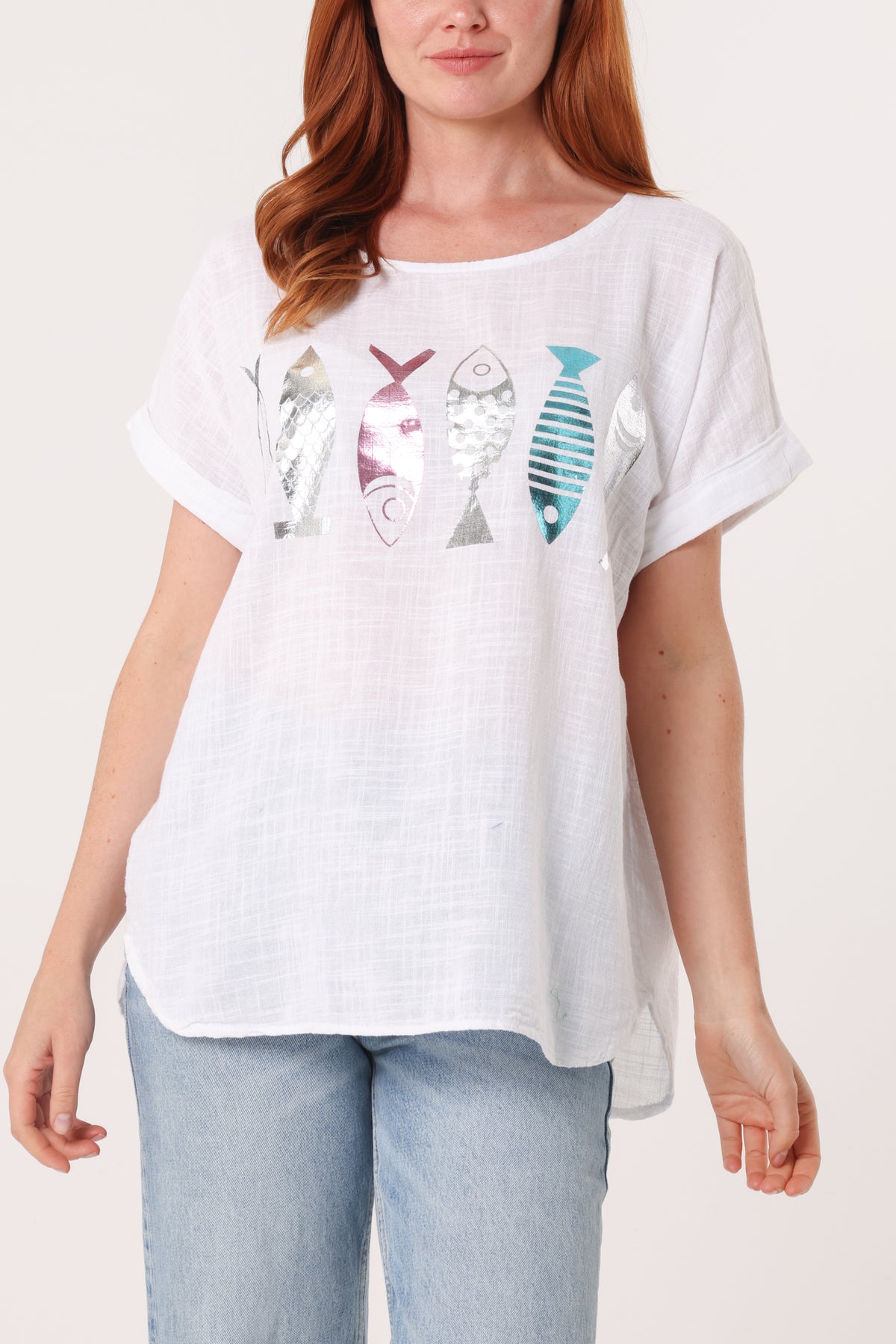 Fish Iridescent Print Cotton Top