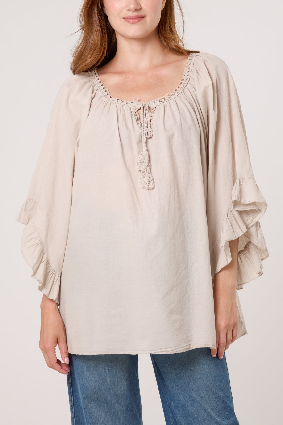 Crochet Trim Bardot Cotton Blouse