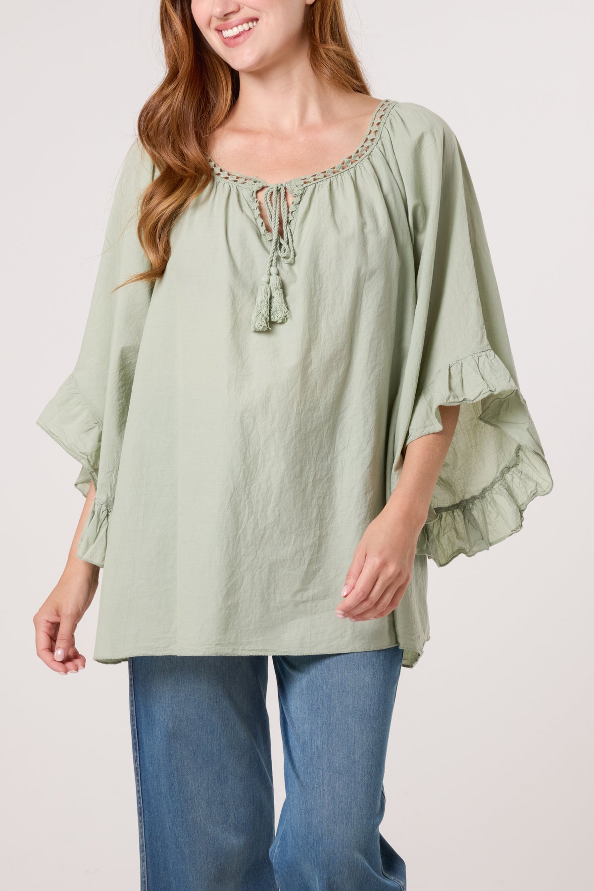 Crochet Trim Bardot Cotton Blouse