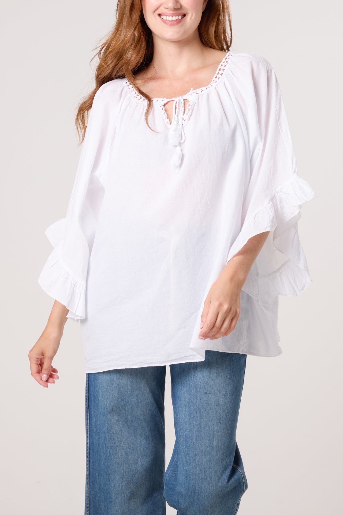 Crochet Trim Bardot Cotton Blouse