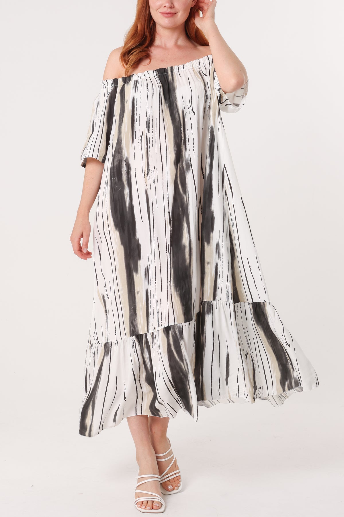 Painted Striped Bardot Midi Dress