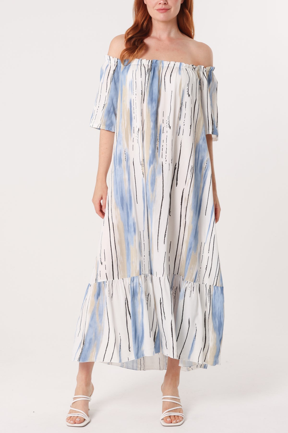 Painted Striped Bardot Midi Dress