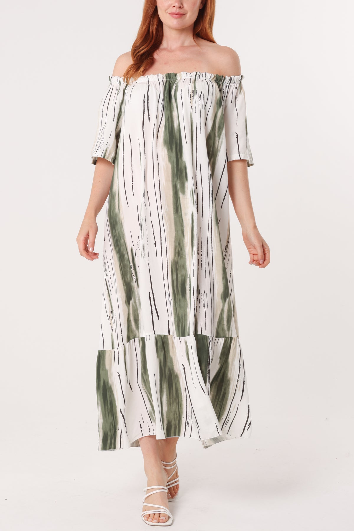 Painted Striped Bardot Midi Dress