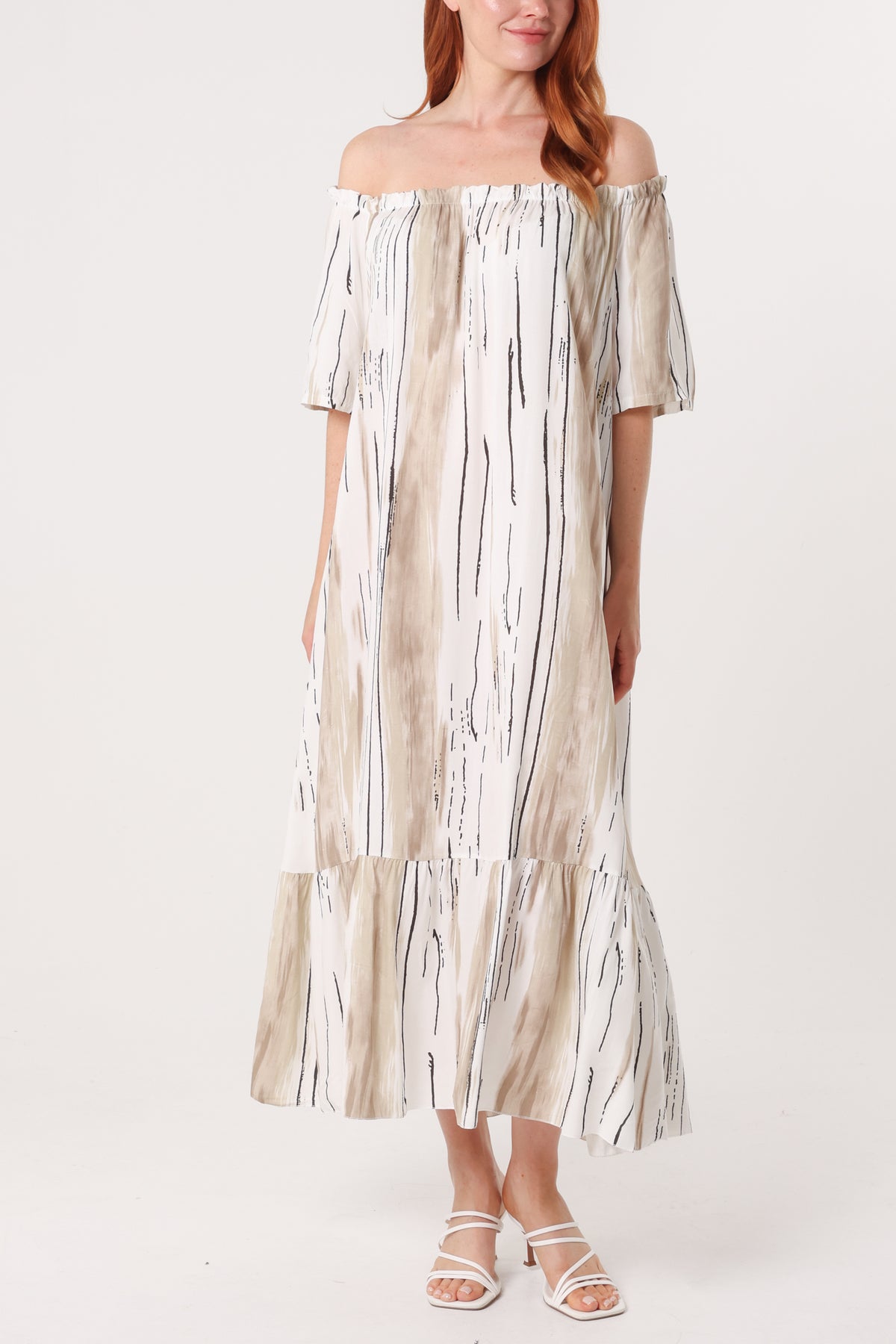Painted Striped Bardot Midi Dress