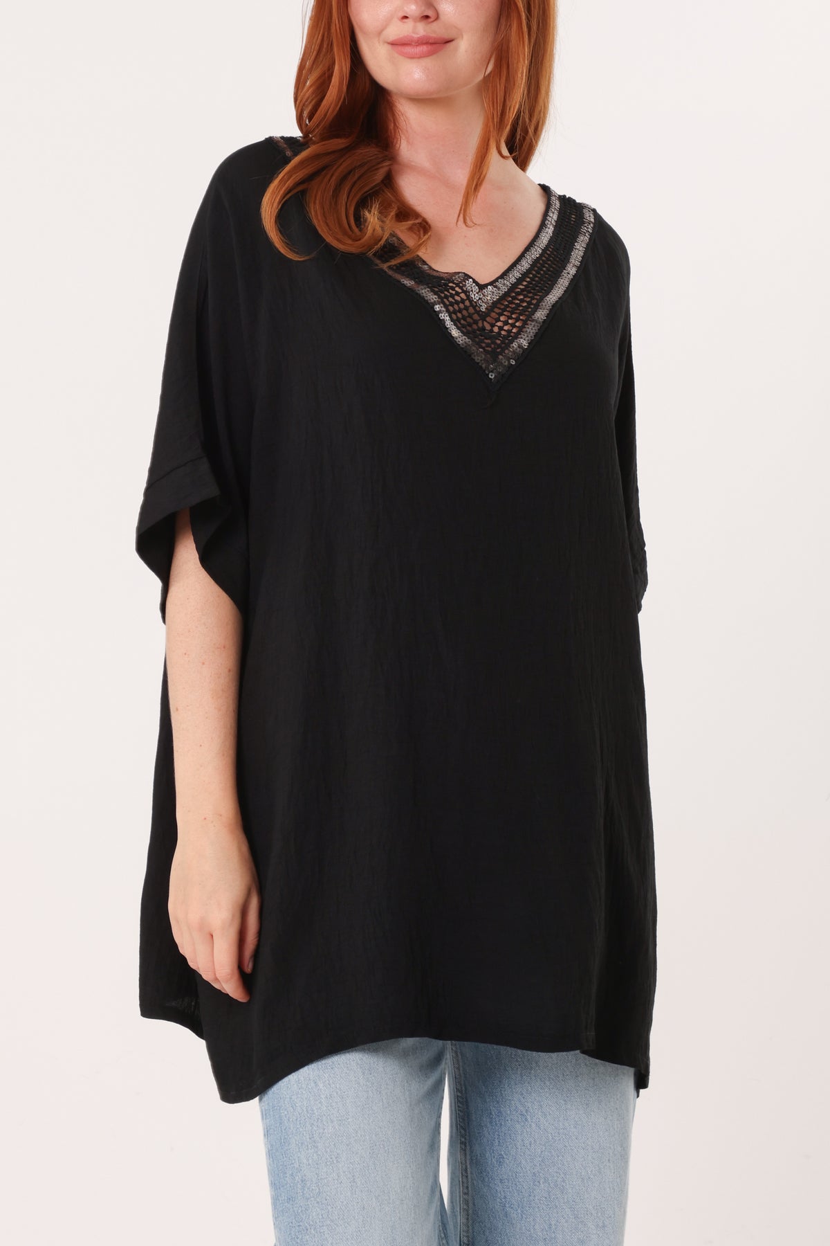 V-Neck Sequins Trim Short Sleeve Top