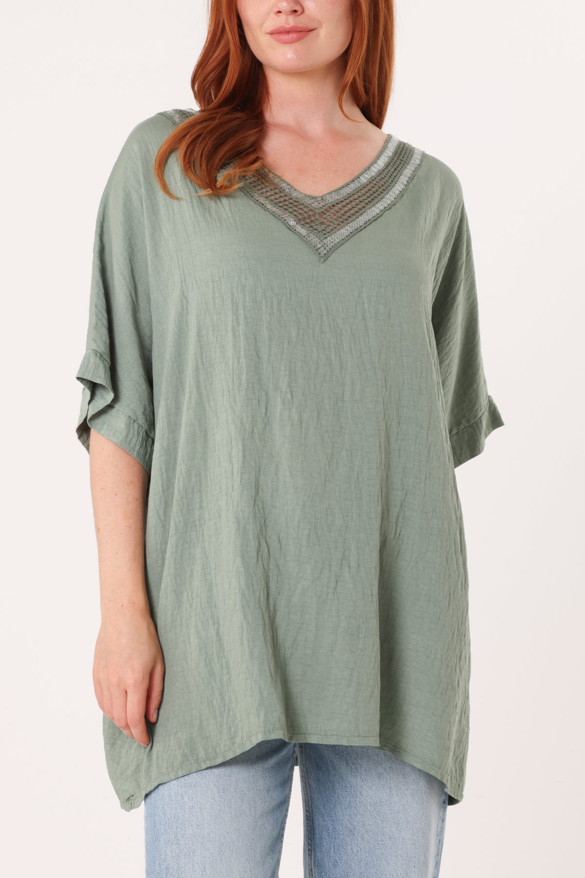 V-Neck Sequins Trim Short Sleeve Top