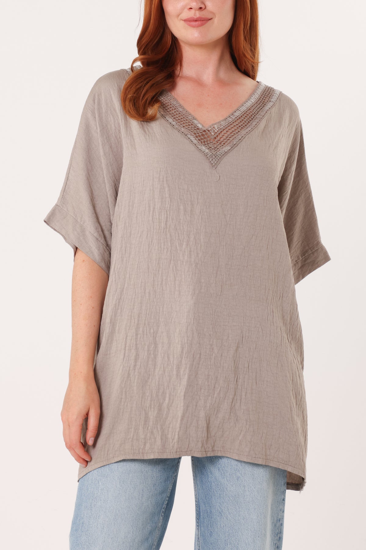 V-Neck Sequins Trim Short Sleeve Top