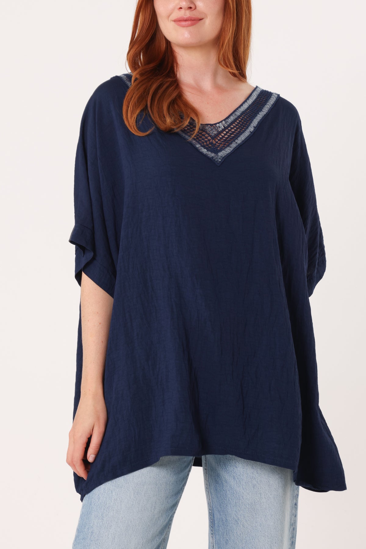 V-Neck Sequins Trim Short Sleeve Top