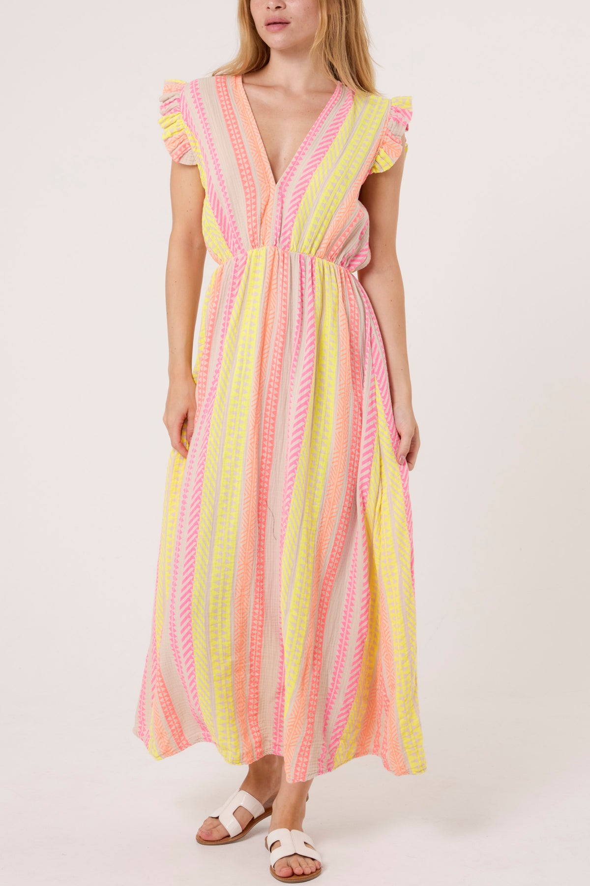 Aztec Print Frill Sleeve Cotton Dress