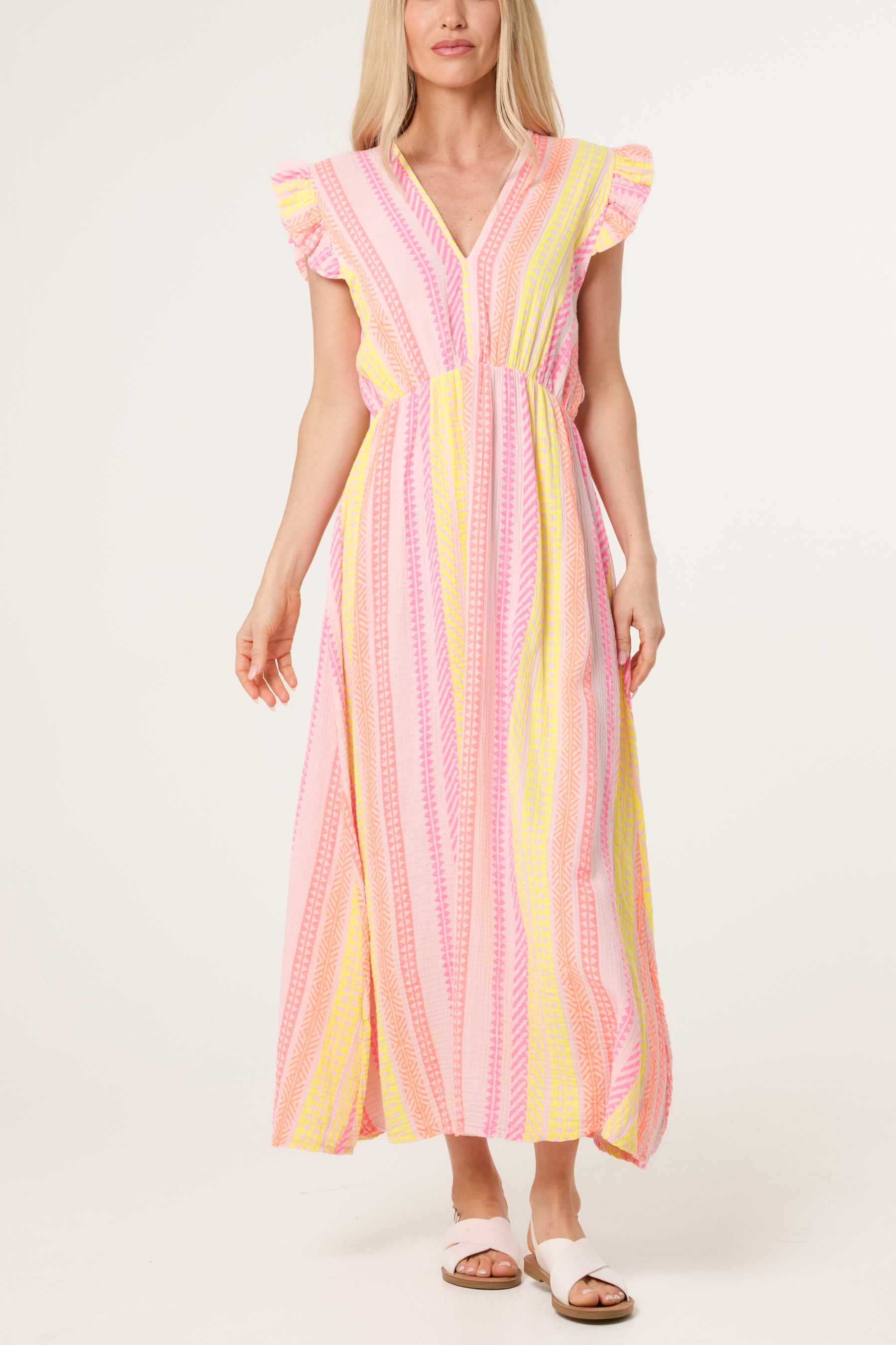 Aztec Print Frill Sleeve Cotton Dress