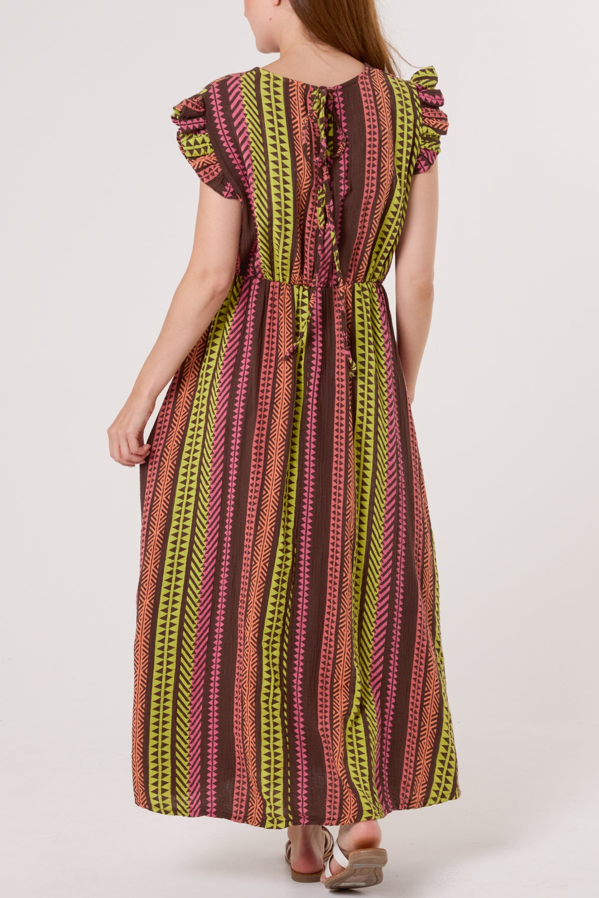 Aztec Print Frill Sleeve Cotton Dress