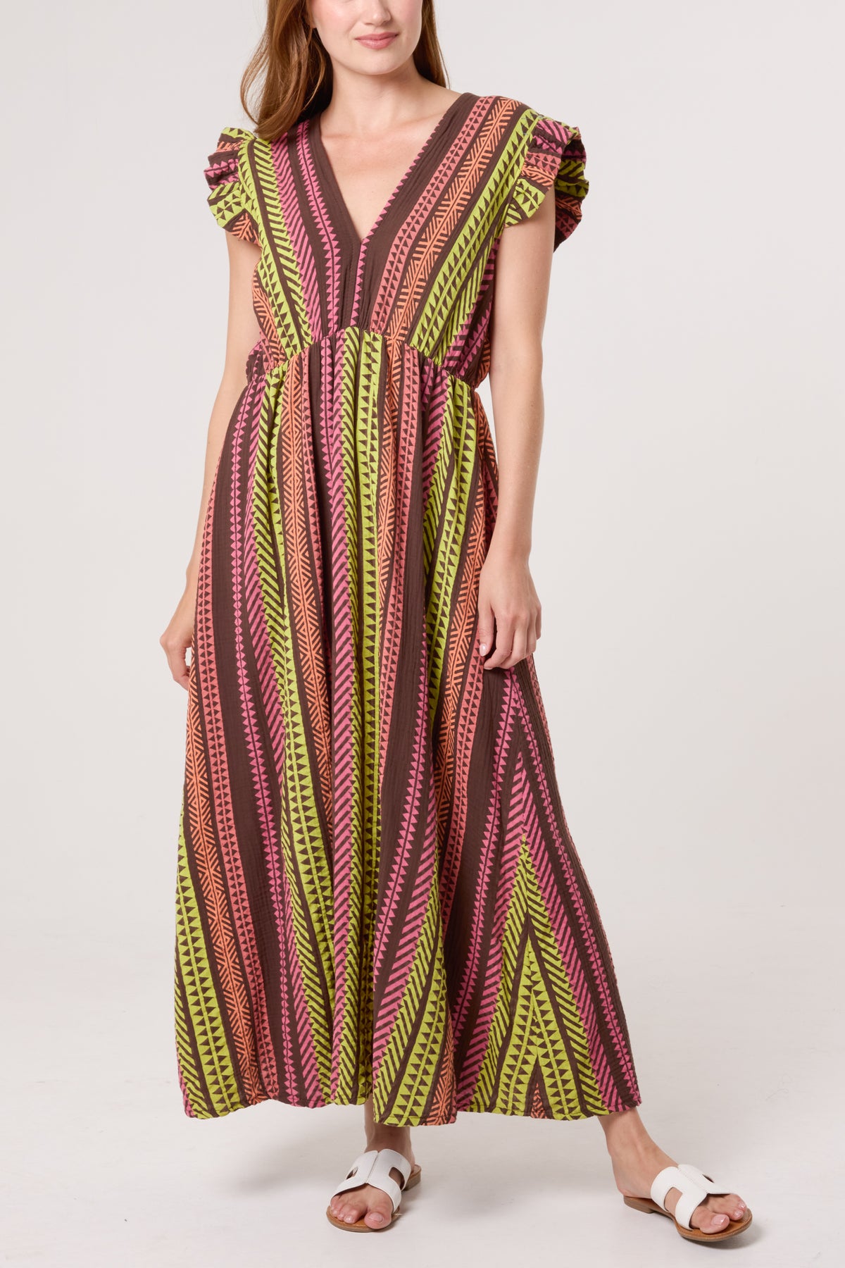 Aztec Print Frill Sleeve Cotton Dress