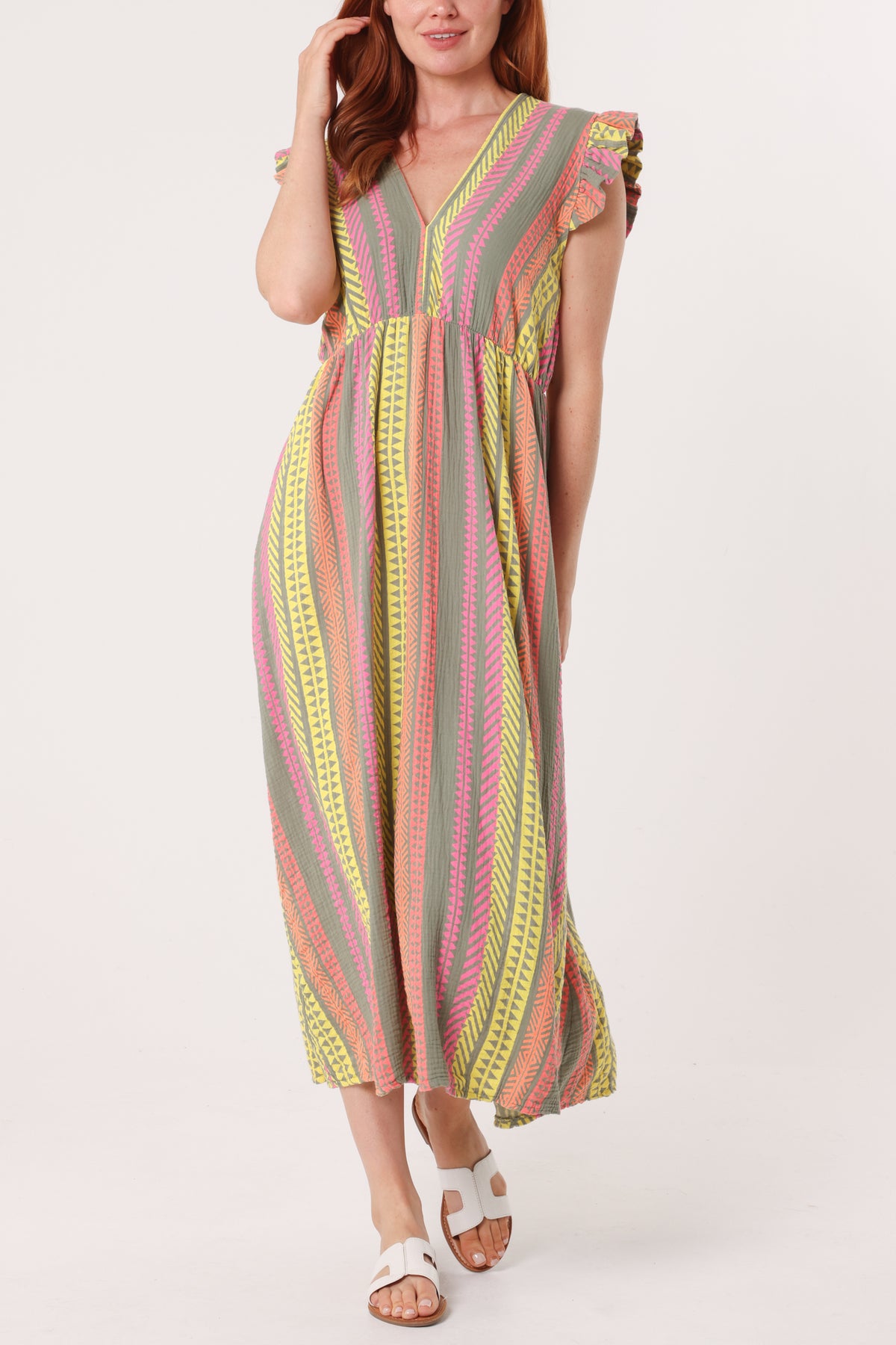 Aztec Print Frill Sleeve Cotton Dress